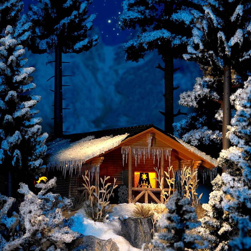 BUSCH 1085 H0 Winterliche Holzhütte mit Innenbeleuchtung 